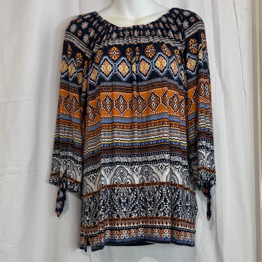 Bohemian Print Women's Top - Orange and Navy
